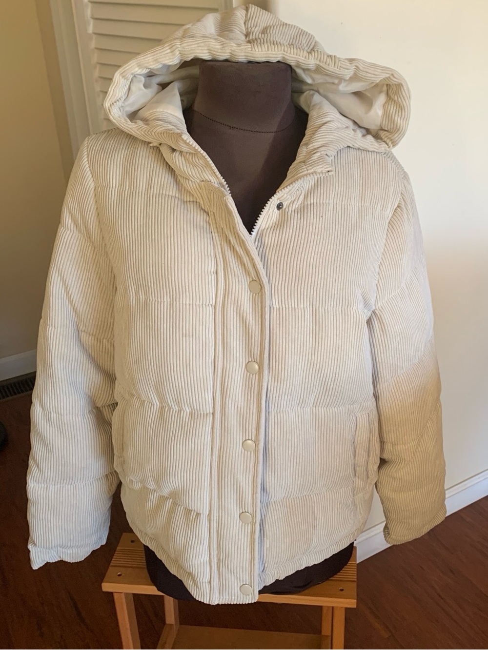 Women's Hooded corduroy Puffer Jacket in Cream, zip and snap closure